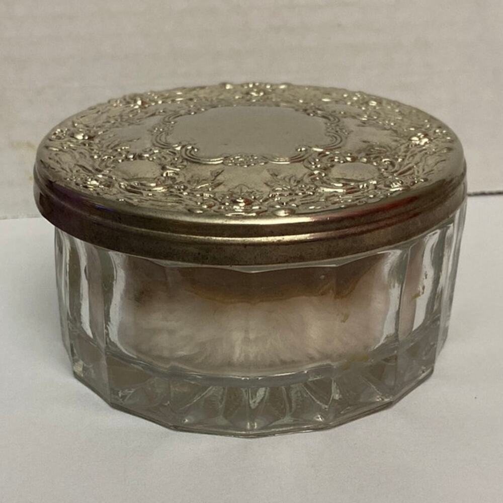 Vintage Pressed Powder Box Jar With Ornate Silverplate Lid- with puff Victorian - Picture 8 of 11